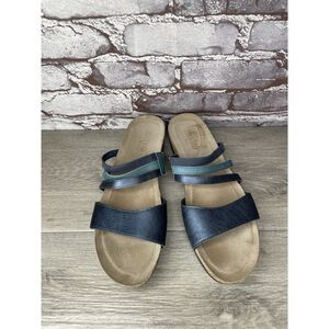 Munro Camila Metallic Blue Leather Slides Cork Wedge Sandals Women 10.5N US/41EU